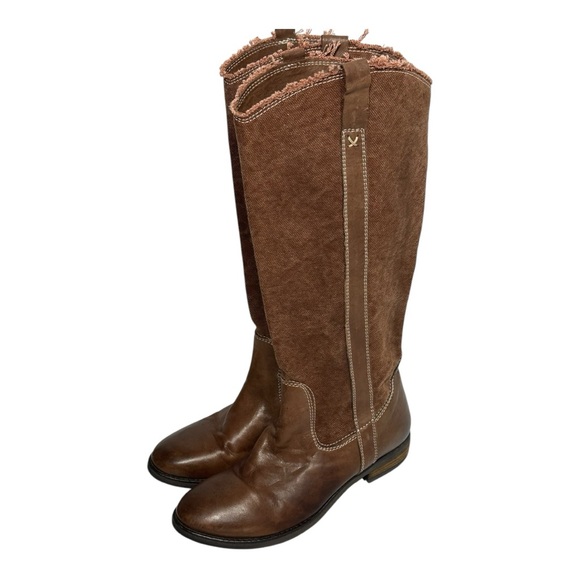 Sundance Catalog Brown Canvas & Leather Tall Riding Boots Women's US 7.5 EU 38 - Picture 2 of 11
